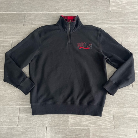 Roots Men’s Buffalo Plaid Zip Stein Hoodie Black Red Quarter Zip Sweater M - Picture 12 of 16